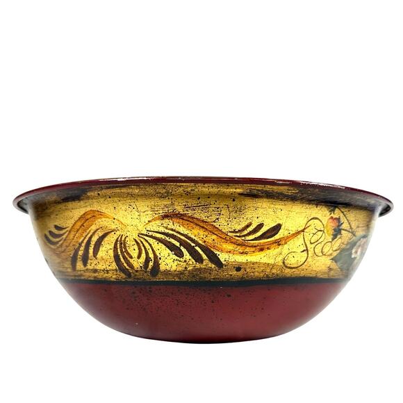 Tole Folk Art Hand Painted Red Strawberry Floral Large Stainless Serving Bowl - Picture 3 of 6